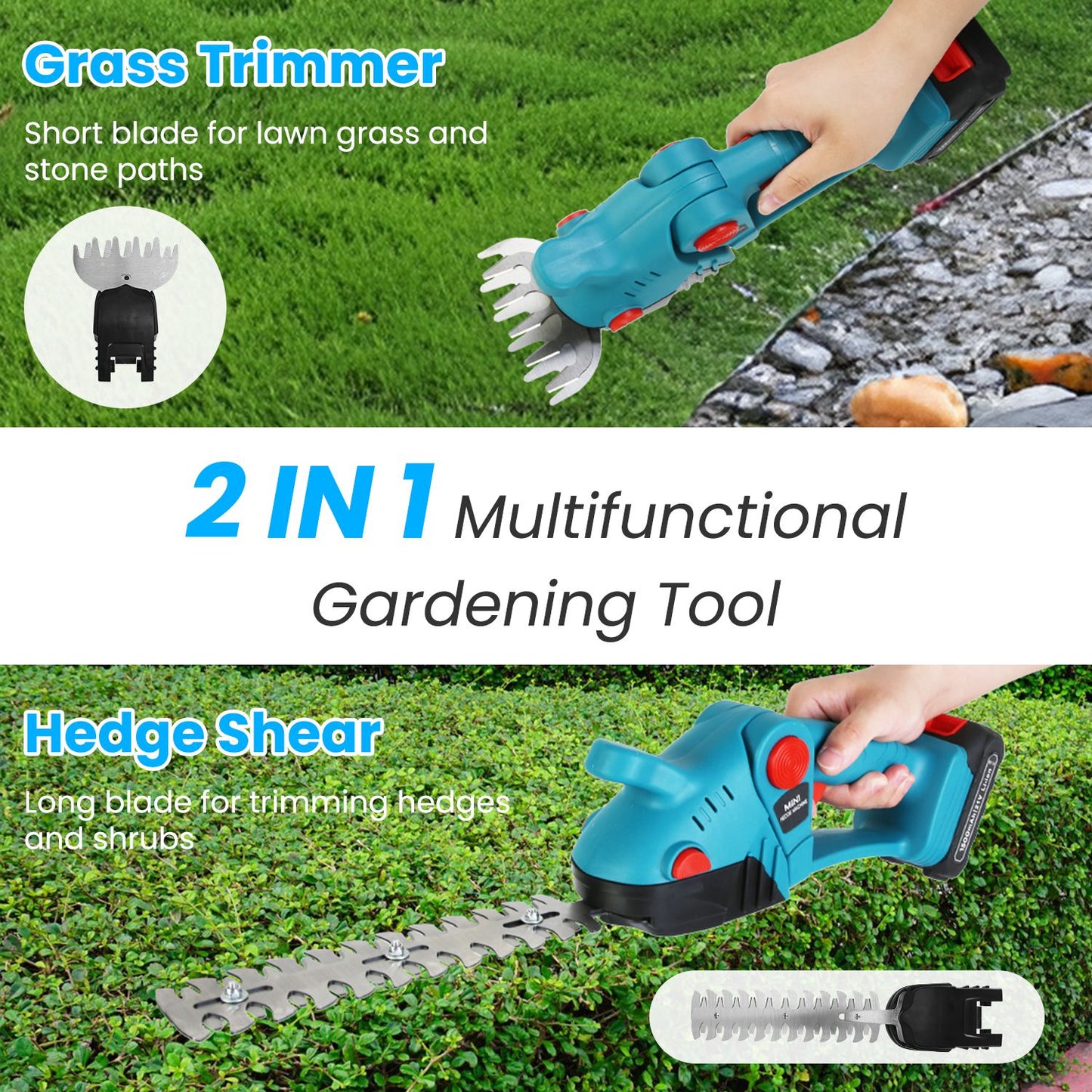 Cordless Multi-Function Hedge Trimmer with Telescopic Pole & Batteries - Blue