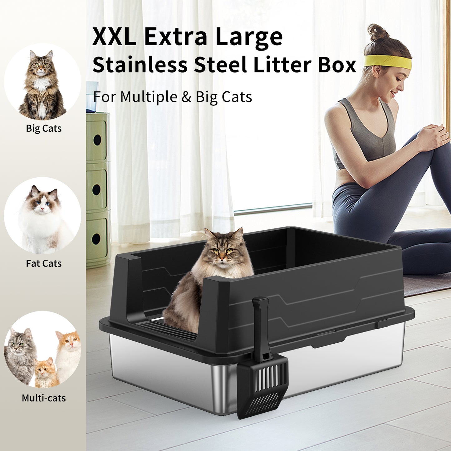 Stainless Steel Cat Litter Box Large No Cover Odor-Resistant Durable