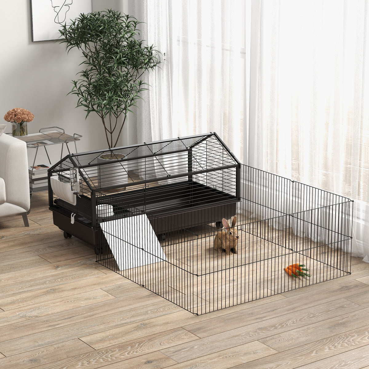 Small Animal Playpen Cage with Wheels and Water Bottle - 46.5 Inches