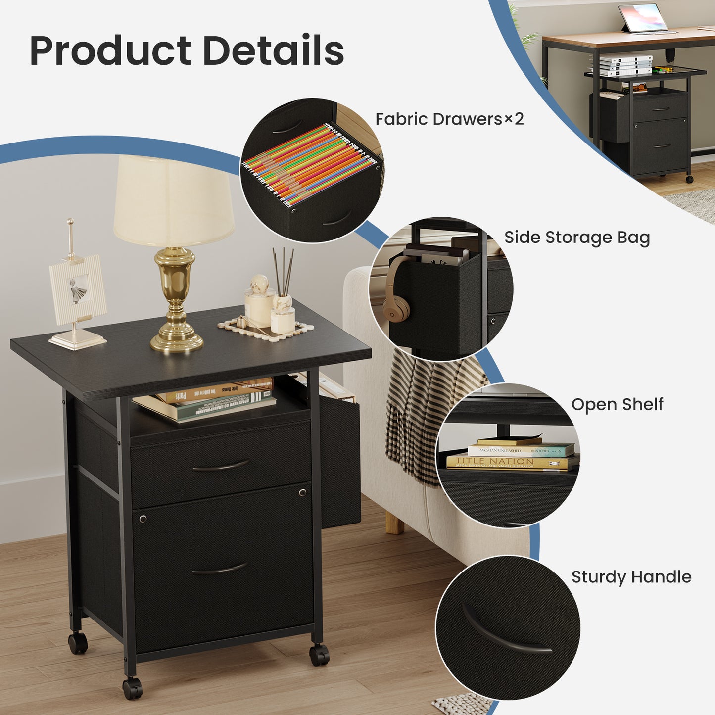 Rollable Filing Cabinet, Equipped With Drawers And Storage Shelves,
