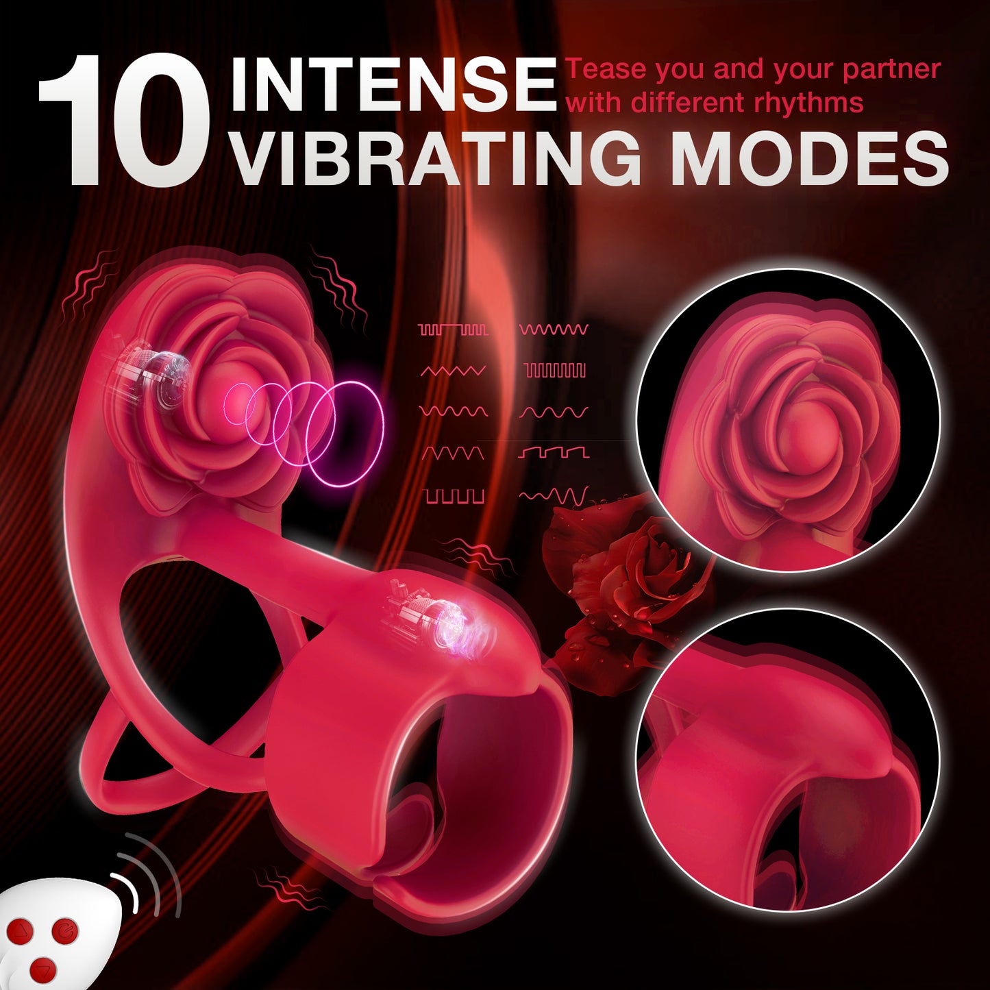 3 in 1 Rose Vibrating Cock Ring - Dual Motor, 10 Modes, Remote Control