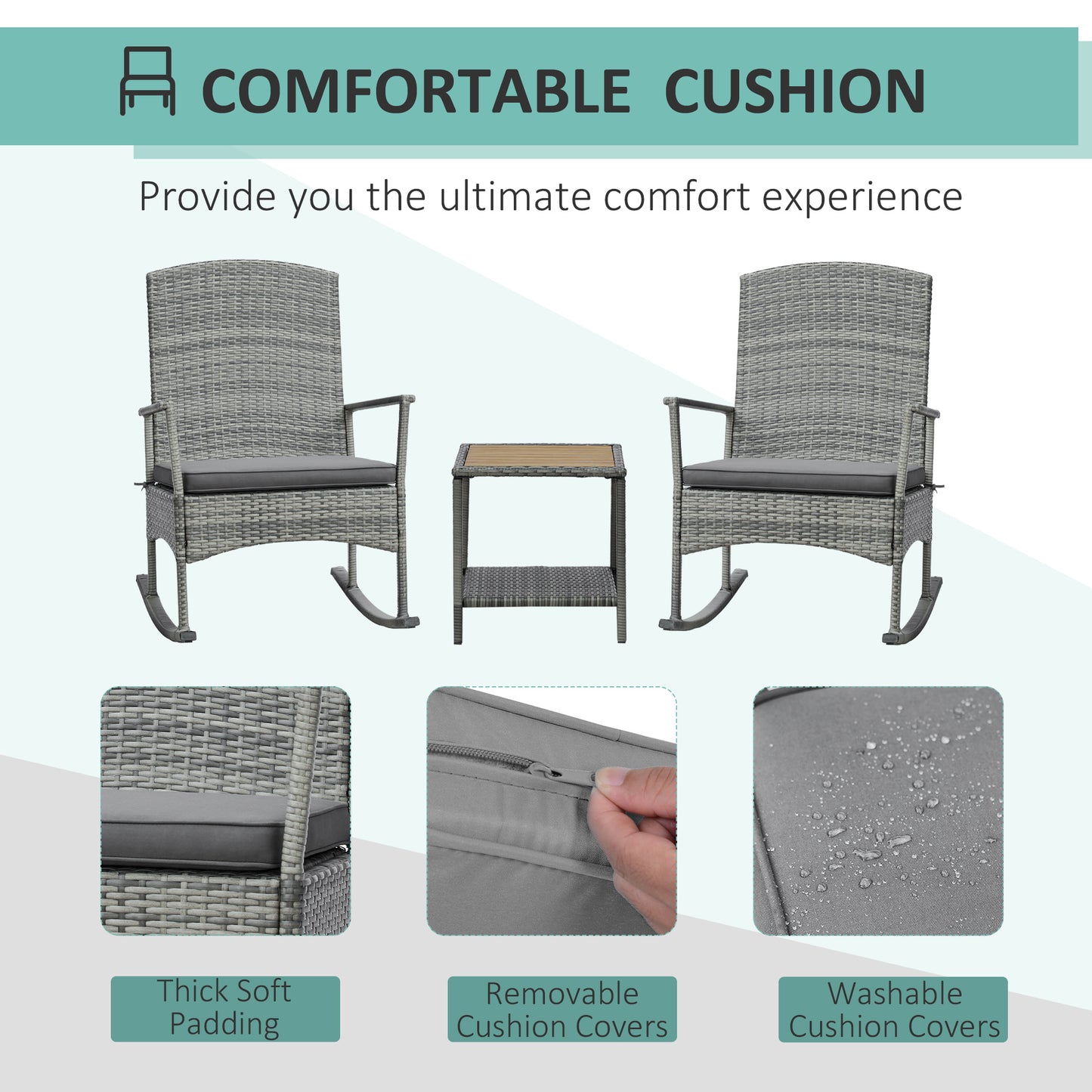 3-Piece Outdoor Rocking Chair Set with Cushions & Coffee Table - Gray
