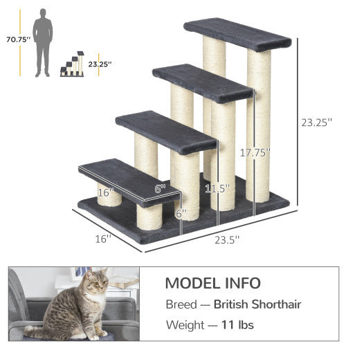 Gray Cat Tree with 4 Steps for High Beds and Couches - Indoor Climbing & Scratching Post