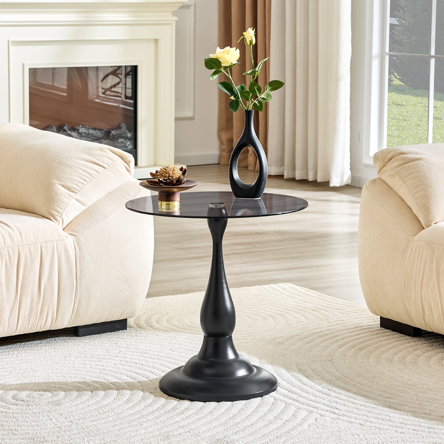 Small Vintage Matte Black Round Side Table with Glass Top