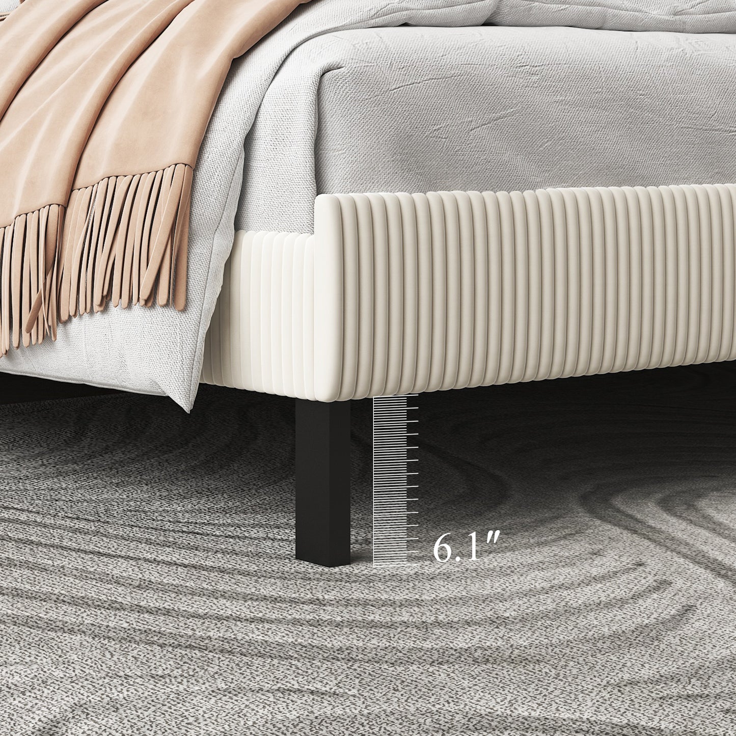 King Platform Bed Frame with Upholstered Headboard - Beige