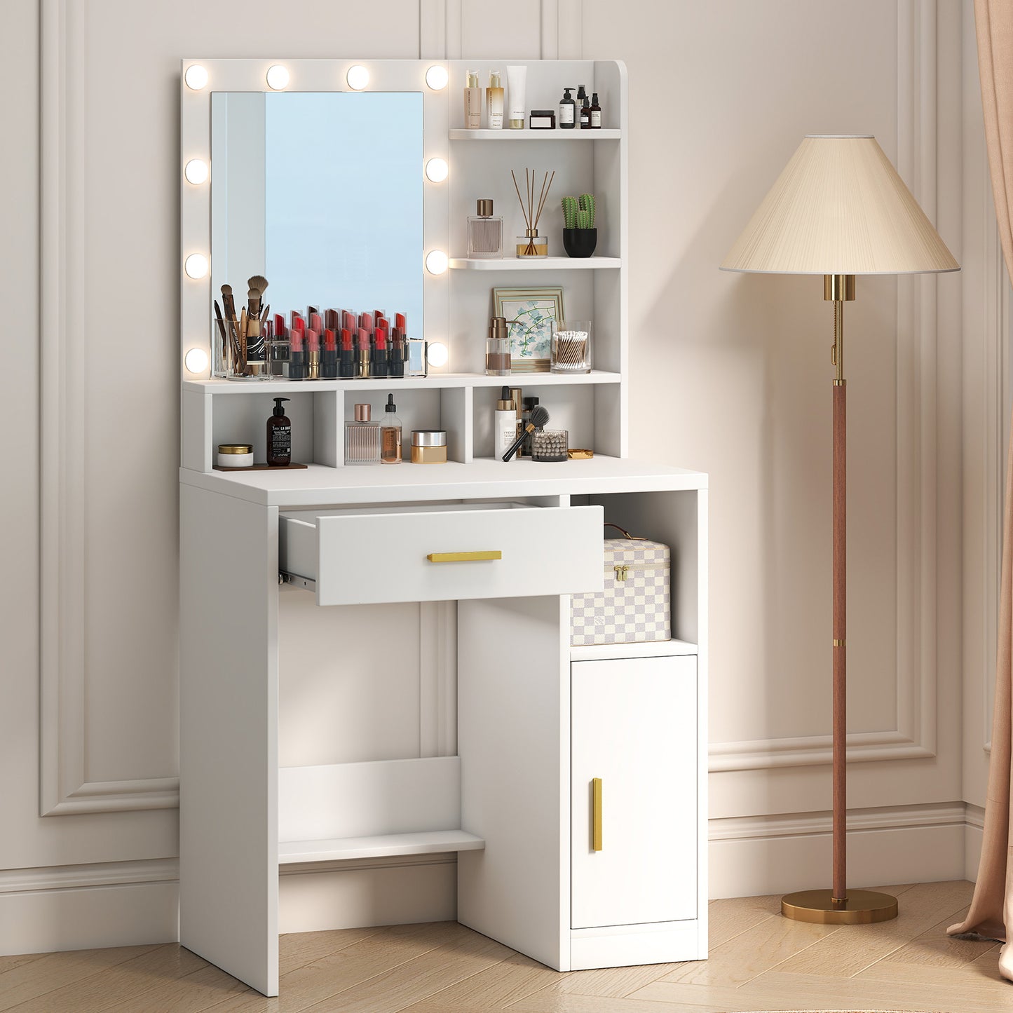 Vanity Desk With Mirror Makeup 10 Dimmable Bulbs Drawers Cabinet