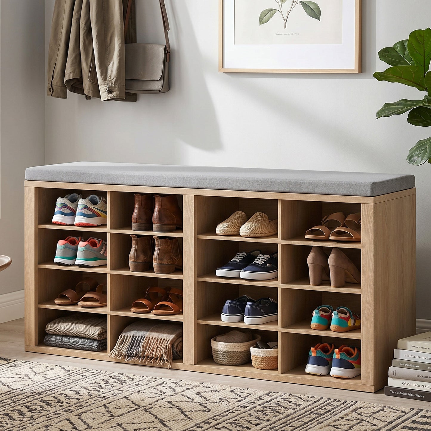 Shoe Storage Bench With Cushion 16 Cubby Rack Multifunctional