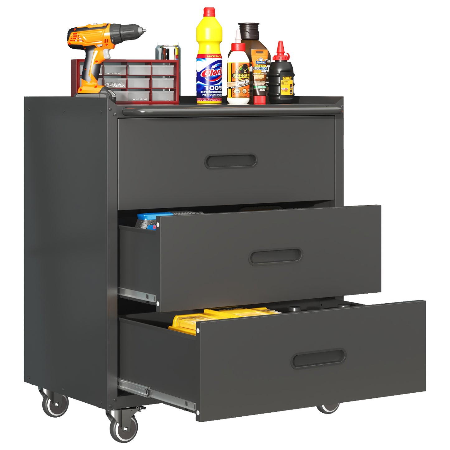 Heavy-Duty Metal Storage Cabinet with Wheels - 3 Drawer Organizer