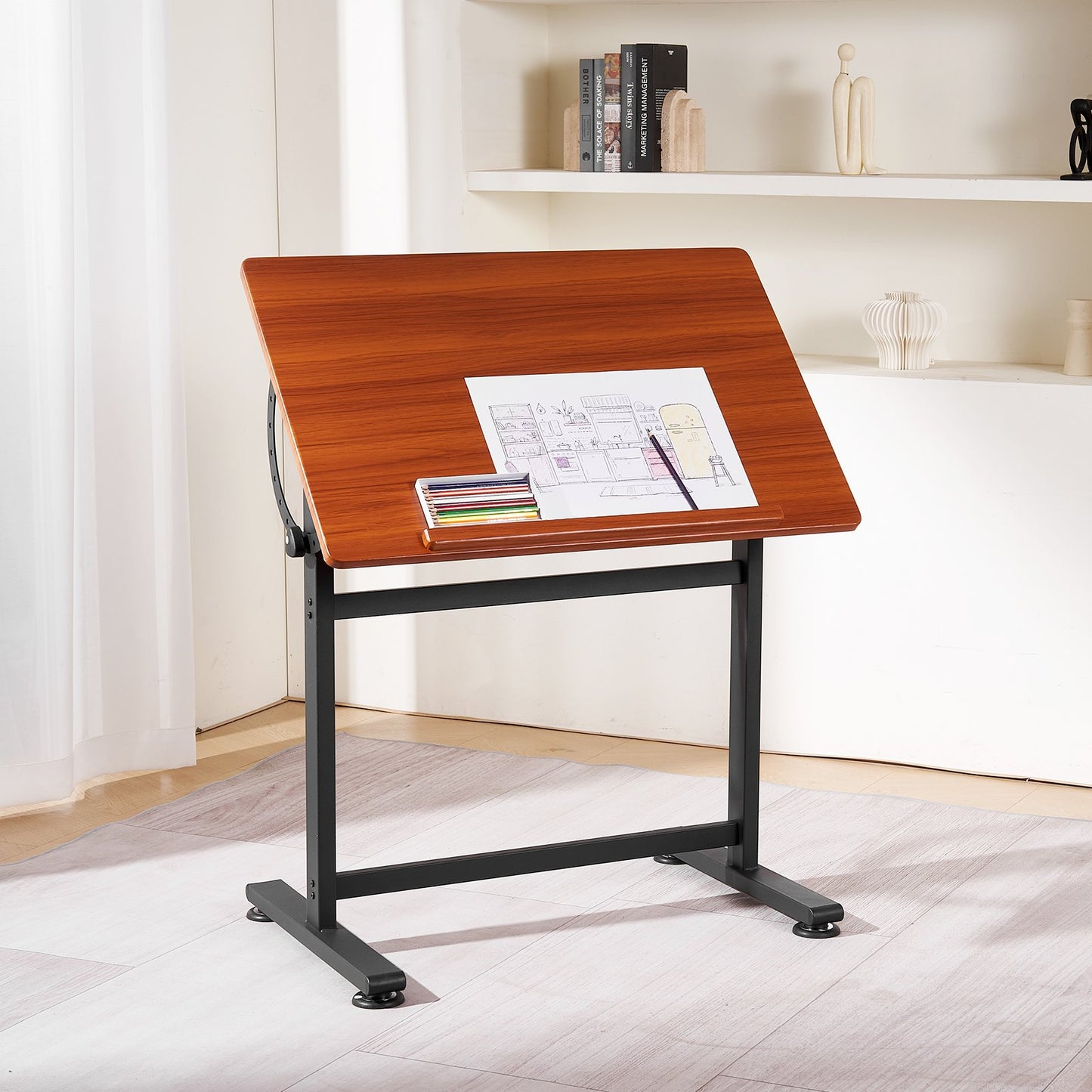 Adjustable Drafting Table - Wooden Drawing Desk with H-Frame