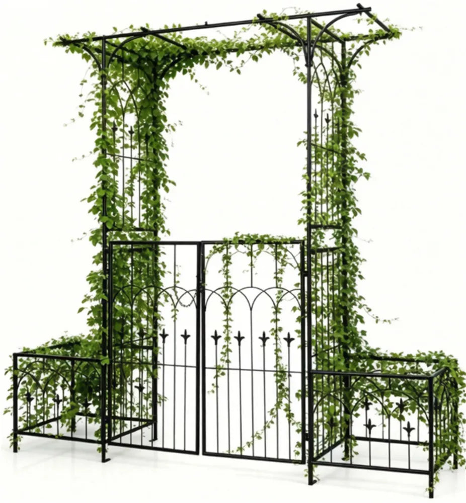 Metal Garden Arbor with Double Lockable Gate & Planter Boxes