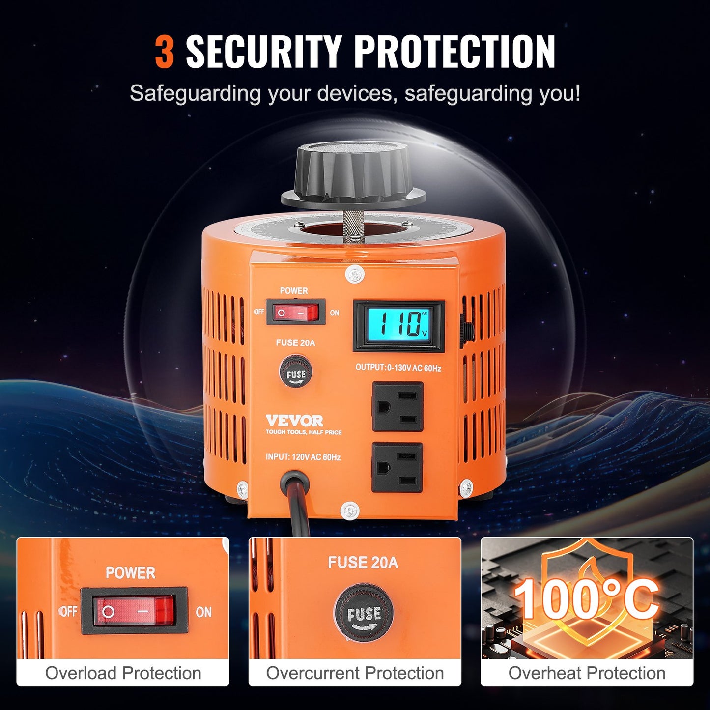 2000VA Auto Variable Voltage Transformer with LCD Display, 15.3A, 110V to 130V