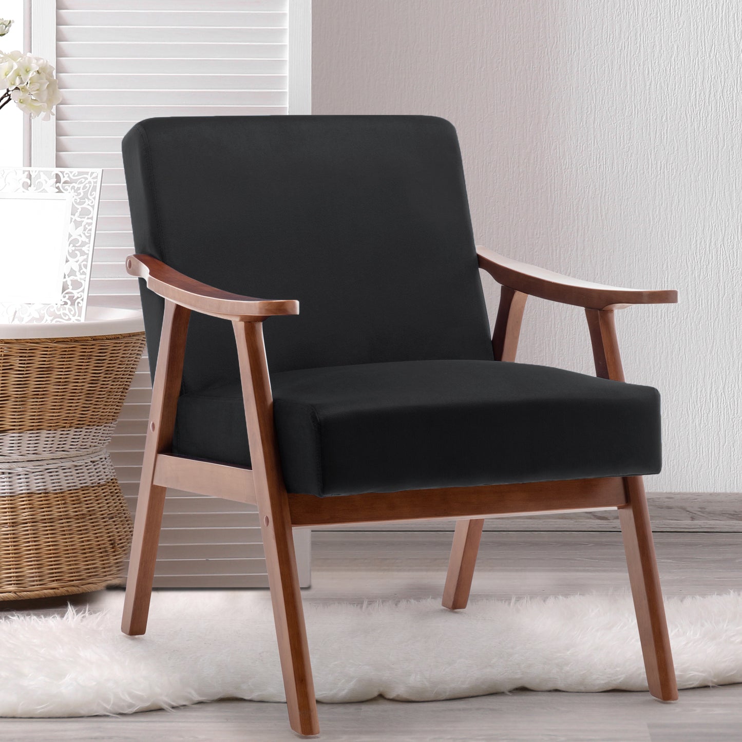 Mid-Century Modern Accent Chair - Black Velvet Lounge Chair