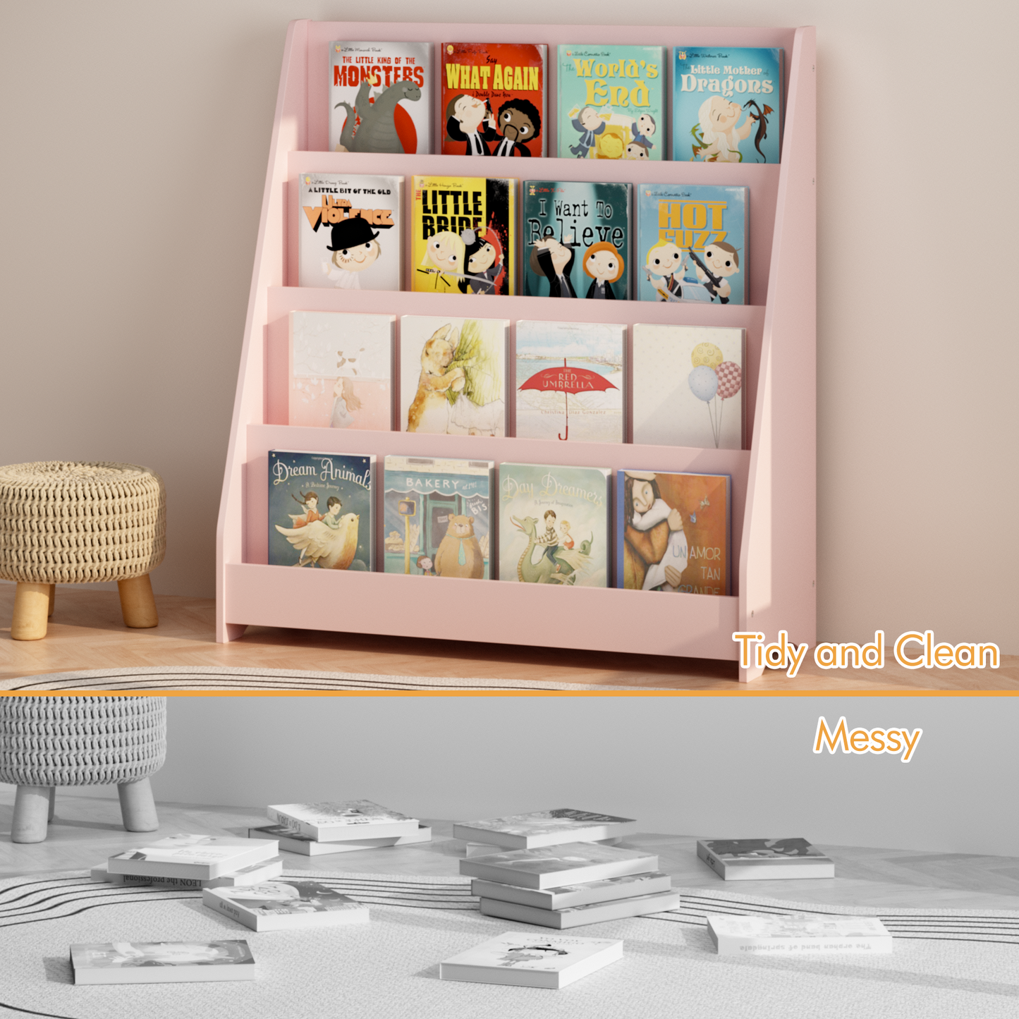 4-Tier Kids Bookshelf - Pink MDF Book Display Shelf