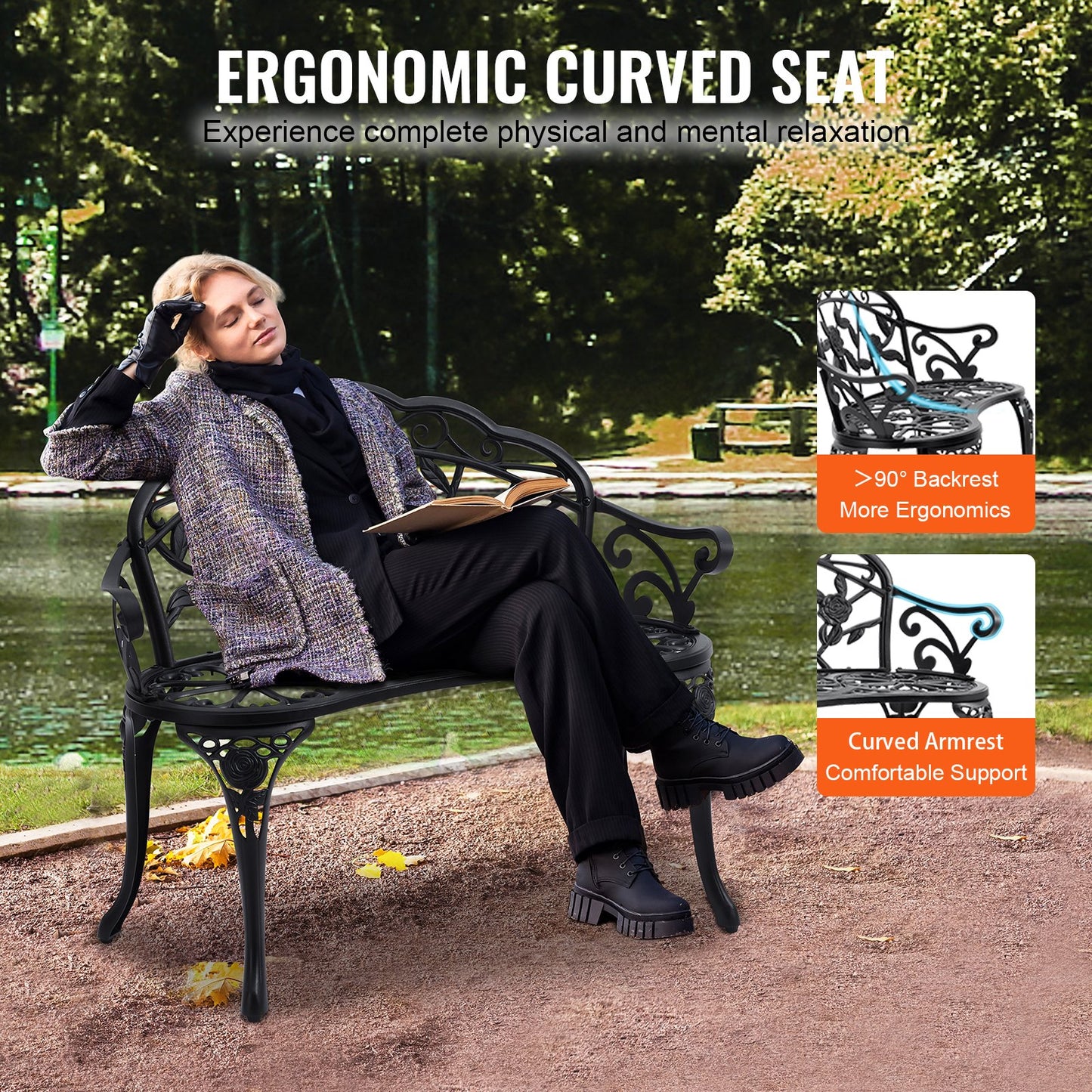 Outdoor Metal Garden Bench 38.8 Inch with Backrest and Armrests, Black