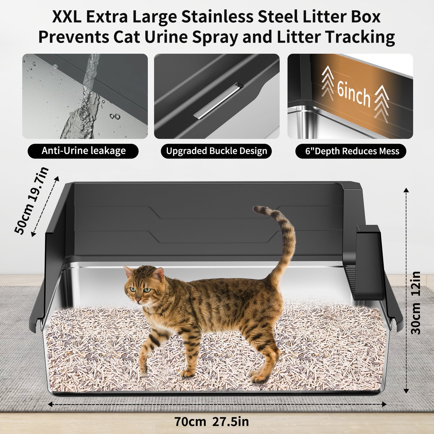 Stainless Steel Cat Litter Box Large No Cover Odor-Resistant Durable