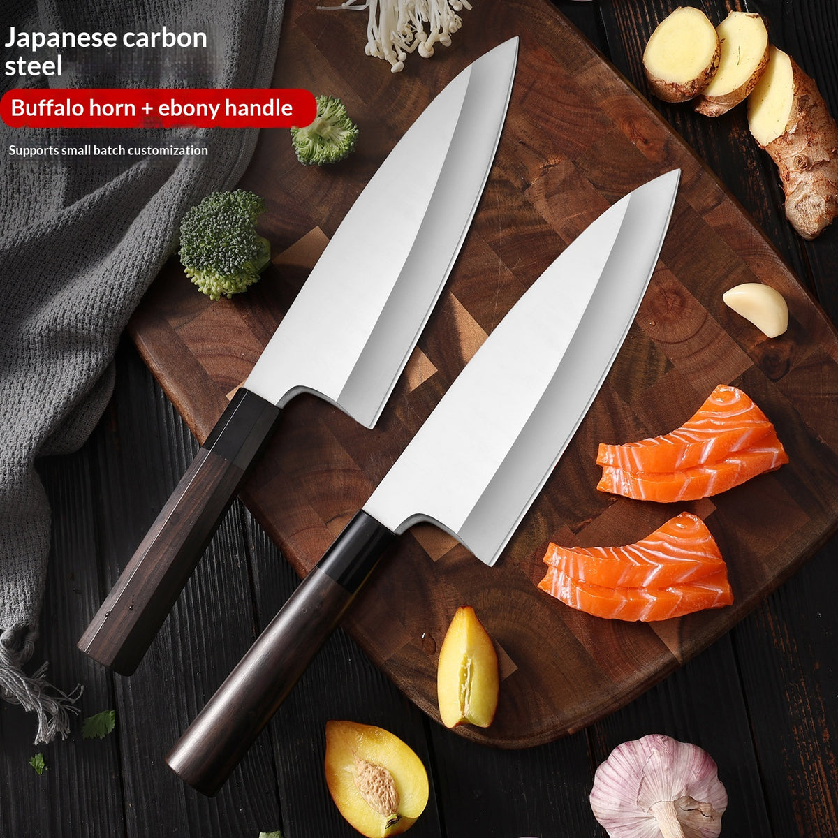 Japanese Sashimi Fish-Head Chef Knife - High Carbon Stainless Steel, Black, Round & Octagonal Handle Options