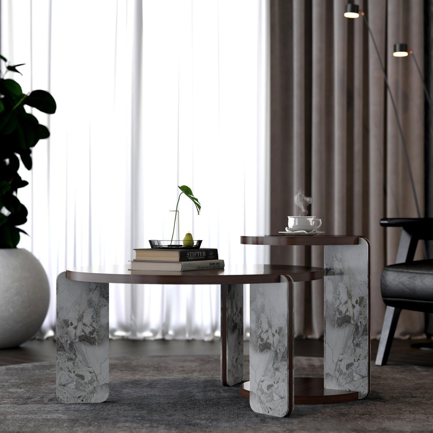 Modern Coffee Table With End Set, Durable Walnut Veneered MDF 83cm