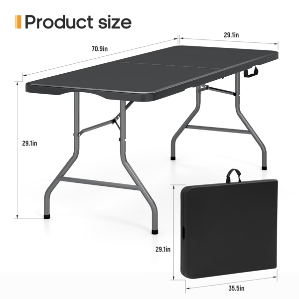 6 Ft Rectangular Black Plastic Folding Table - Seats 8