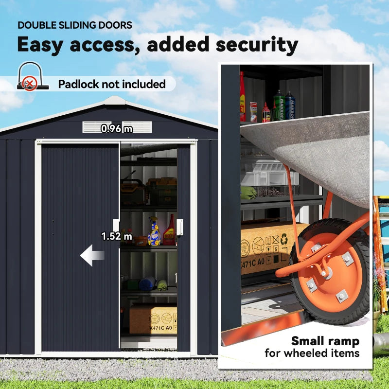 7x4 ft Metal Outdoor Garden Shed with Sliding Doors & Ventilation - Dark Gray