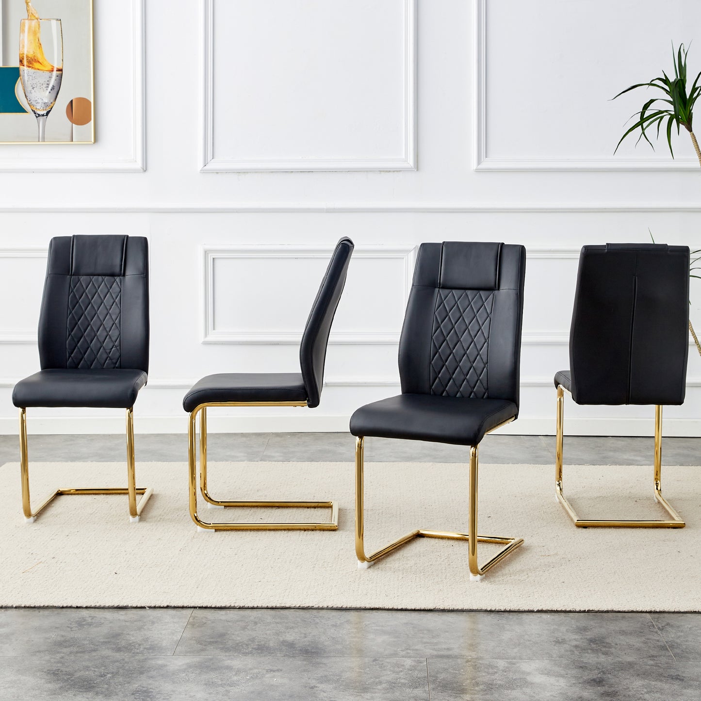 Modern Dining Chairs Set of 6 - Black Faux Leather with Gold Legs