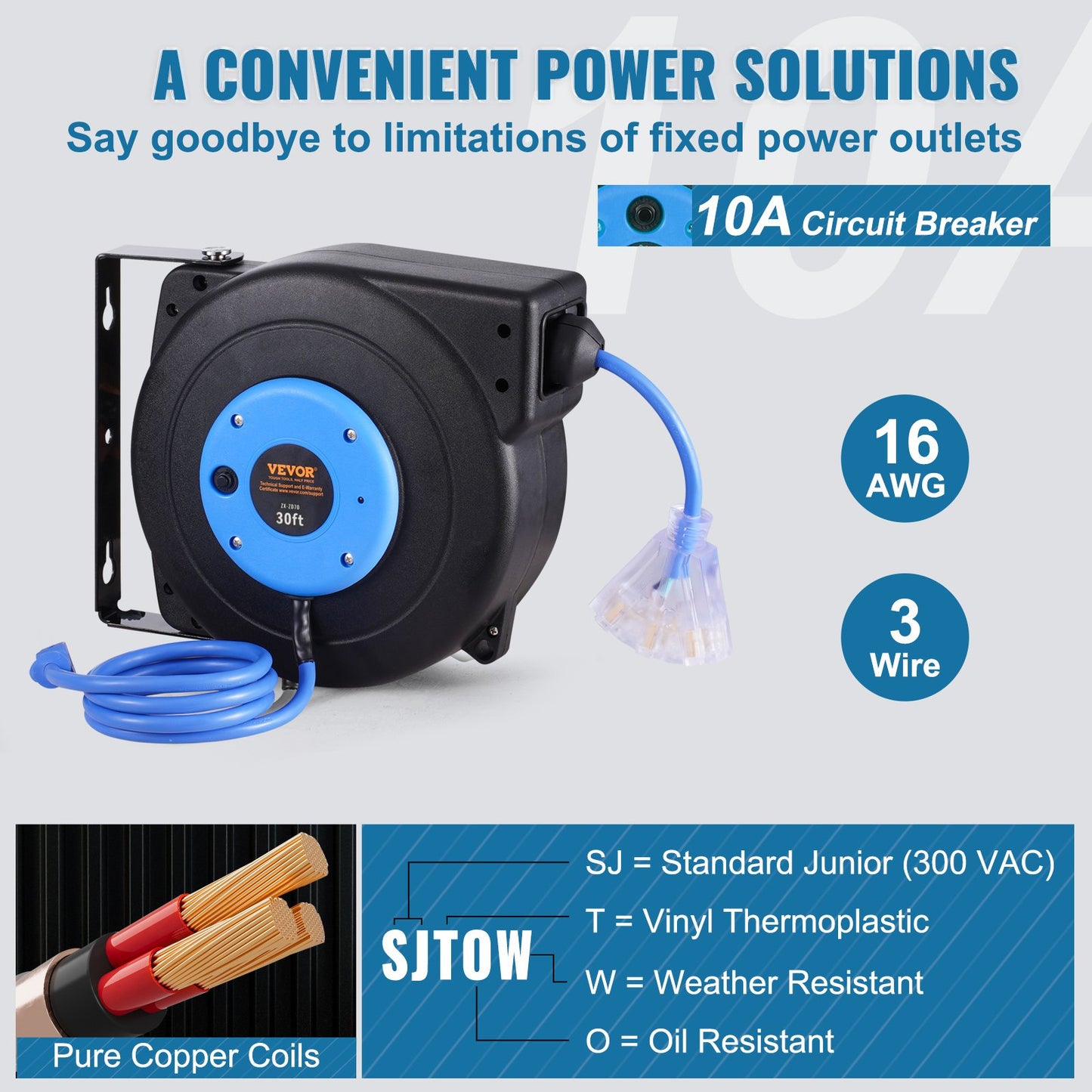 Retractable Extension Cord Reel 30FT Power Cord 16AWG Water-Resistant Garden Tool