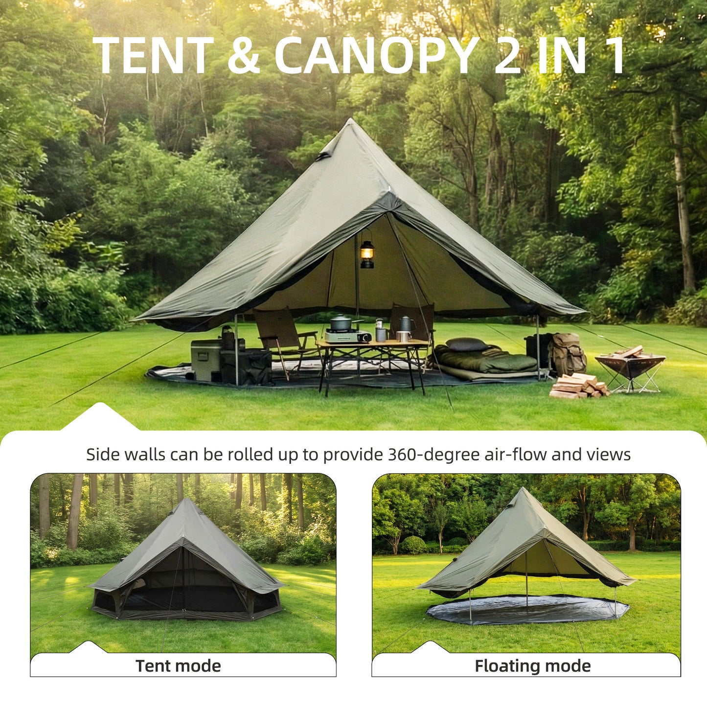 4-Season Glamping Bell Tent 13.1FT - Green Waterproof Yurt Tent