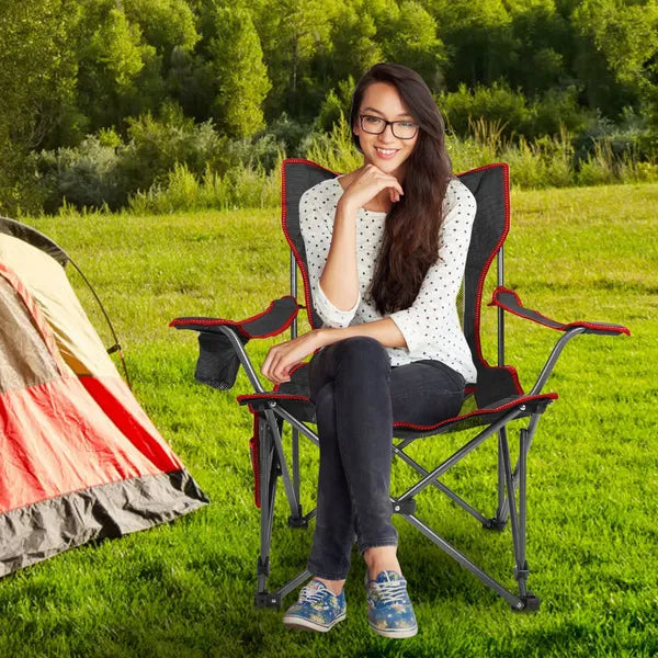 Heavy Duty Foldable Camping Chair with Reclining Backrest & Cup Holder