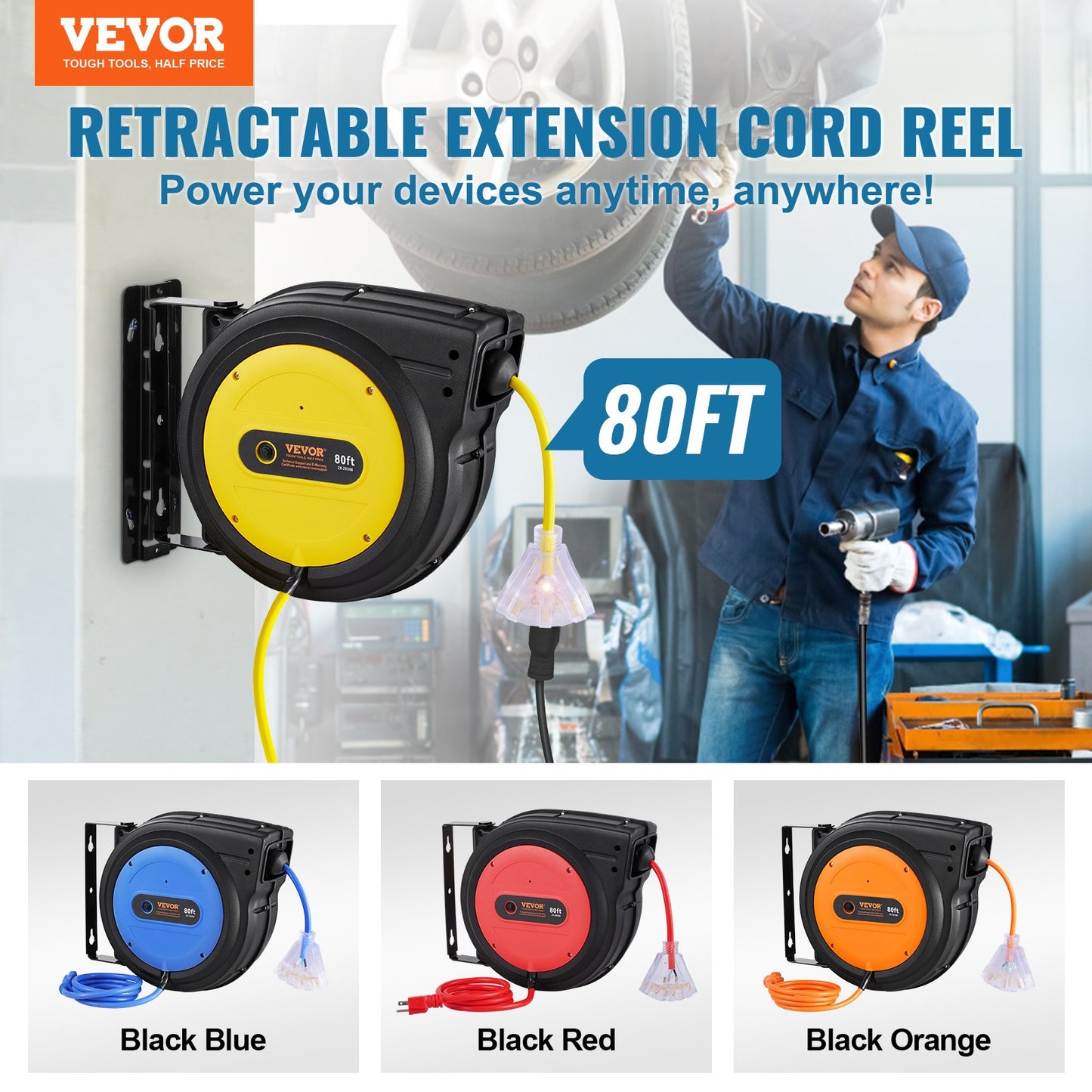 80Ft Heavy Duty Retractable Extension Cord Reel with 3-Outlets - Water & Overload Protected