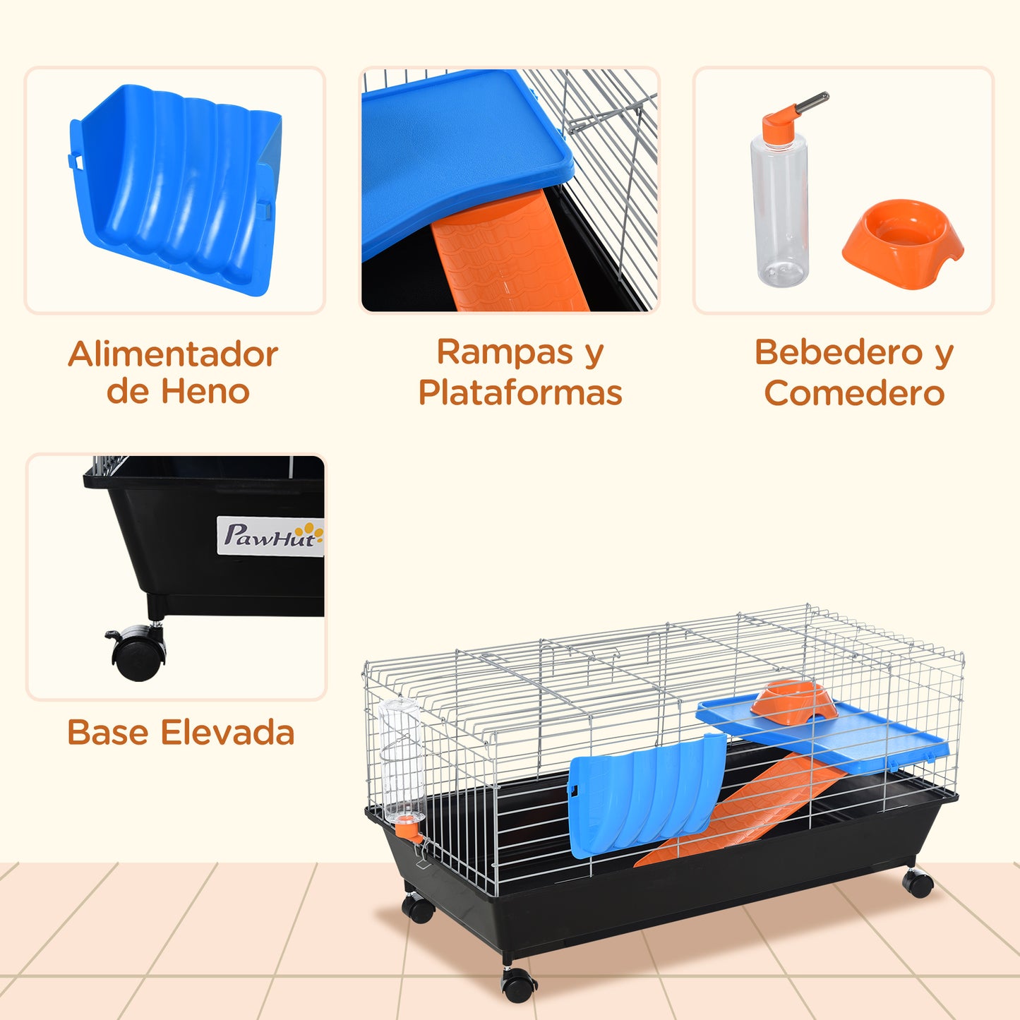 Small Animal Cage with Food Dish Water Bottle and Ramp - Black, 35 Inches