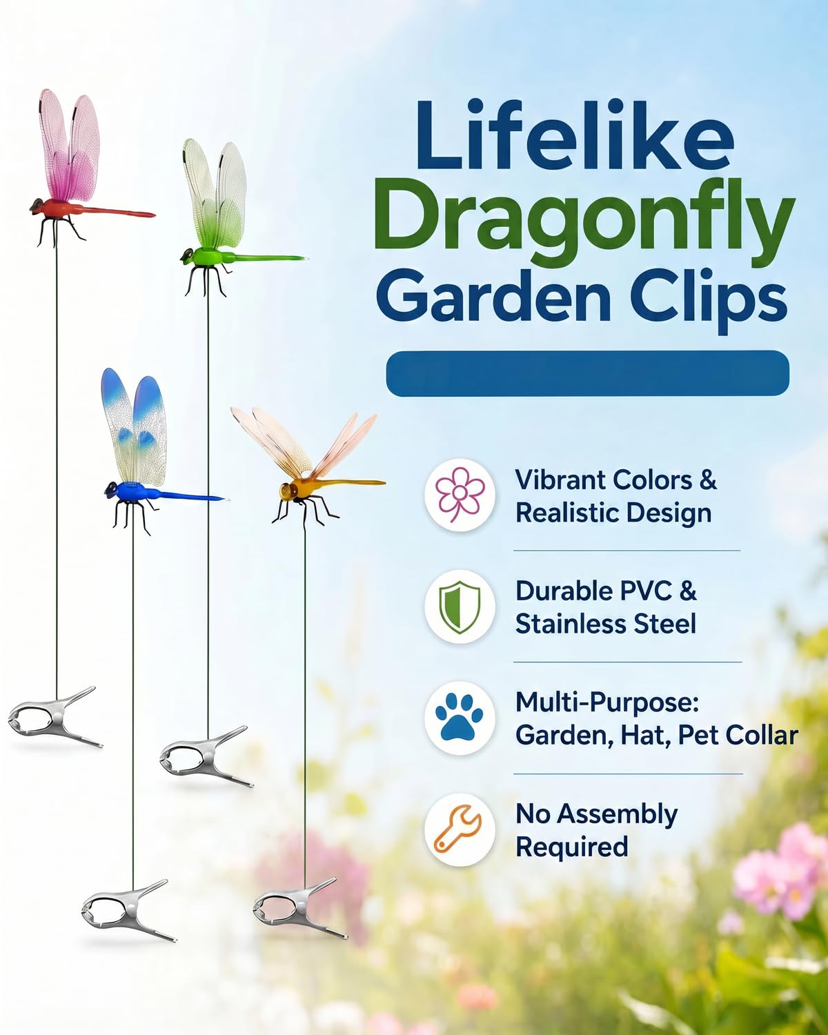 4 Pack Dragonfly Decoys for Bug Prevention - Realistic Insect Deterrent Clips for Garden & Horse Protection