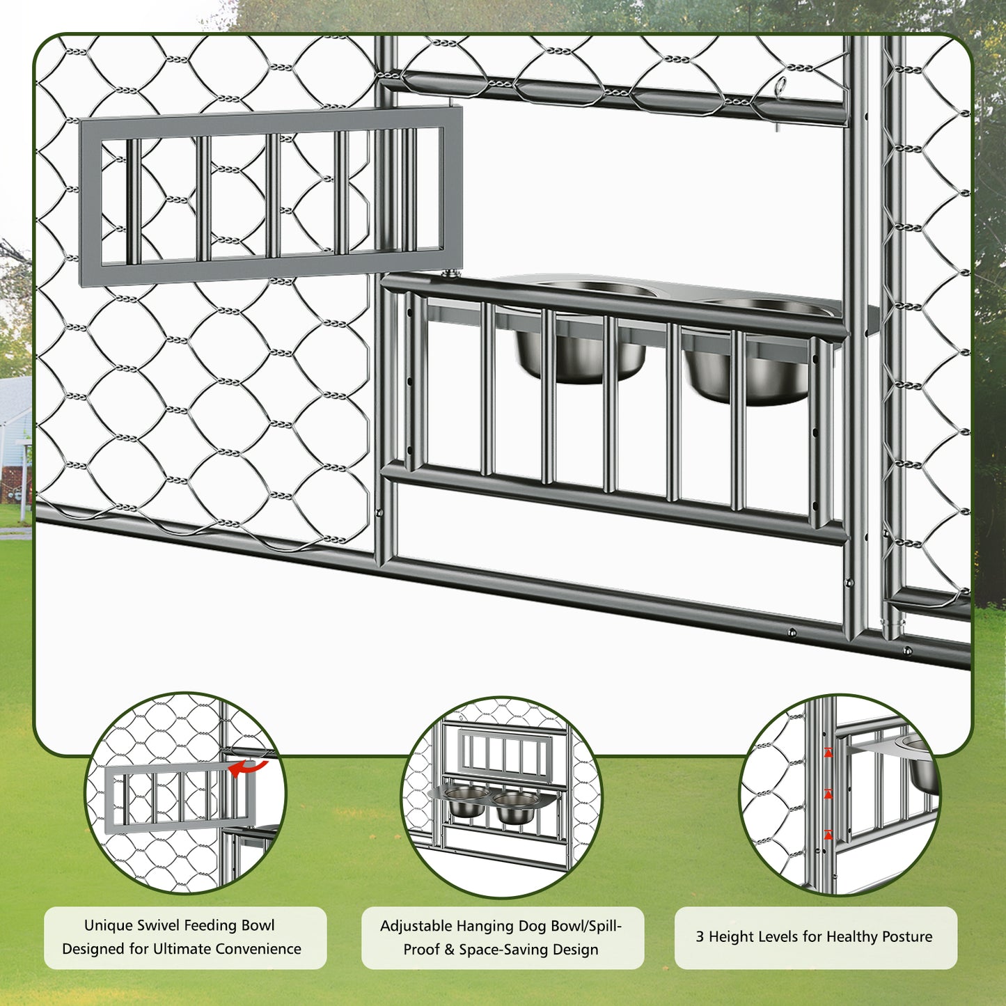 Large Outdoor Dog Kennel with Canopy, Galvanized Steel Frame, Waterproof Cover & Elevated Feeders