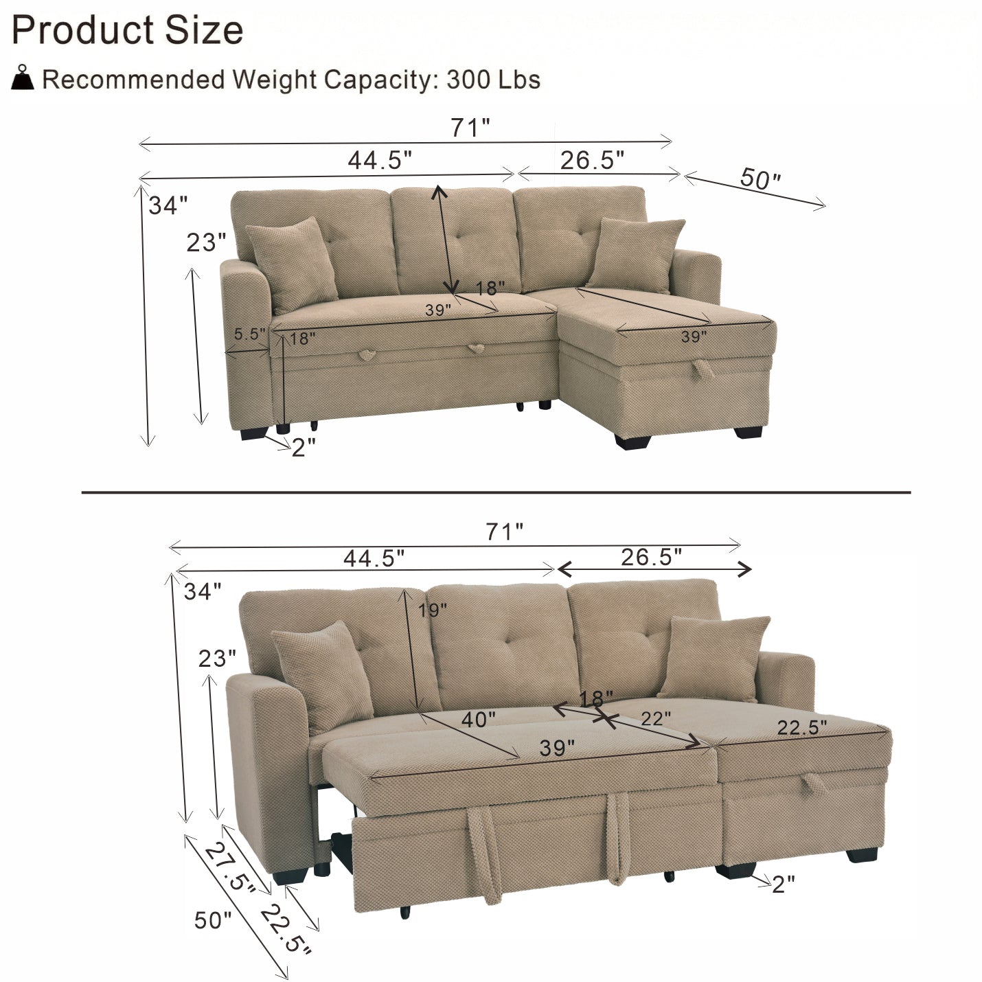 Reversible Chaise Sectional Sofa Bed with Storage - Camel