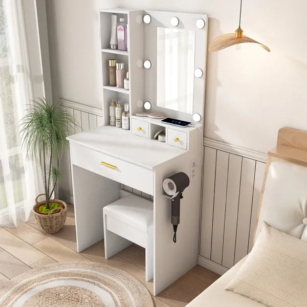Compact Vanity Table with Mirror & LED Lights - White
