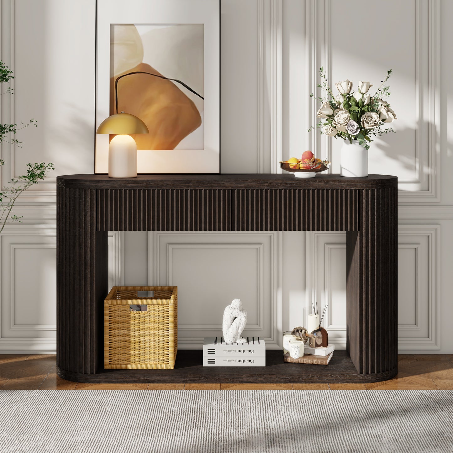 Oval Fluted Console Table with 2 Drawers & Bottom Shelf - Espresso