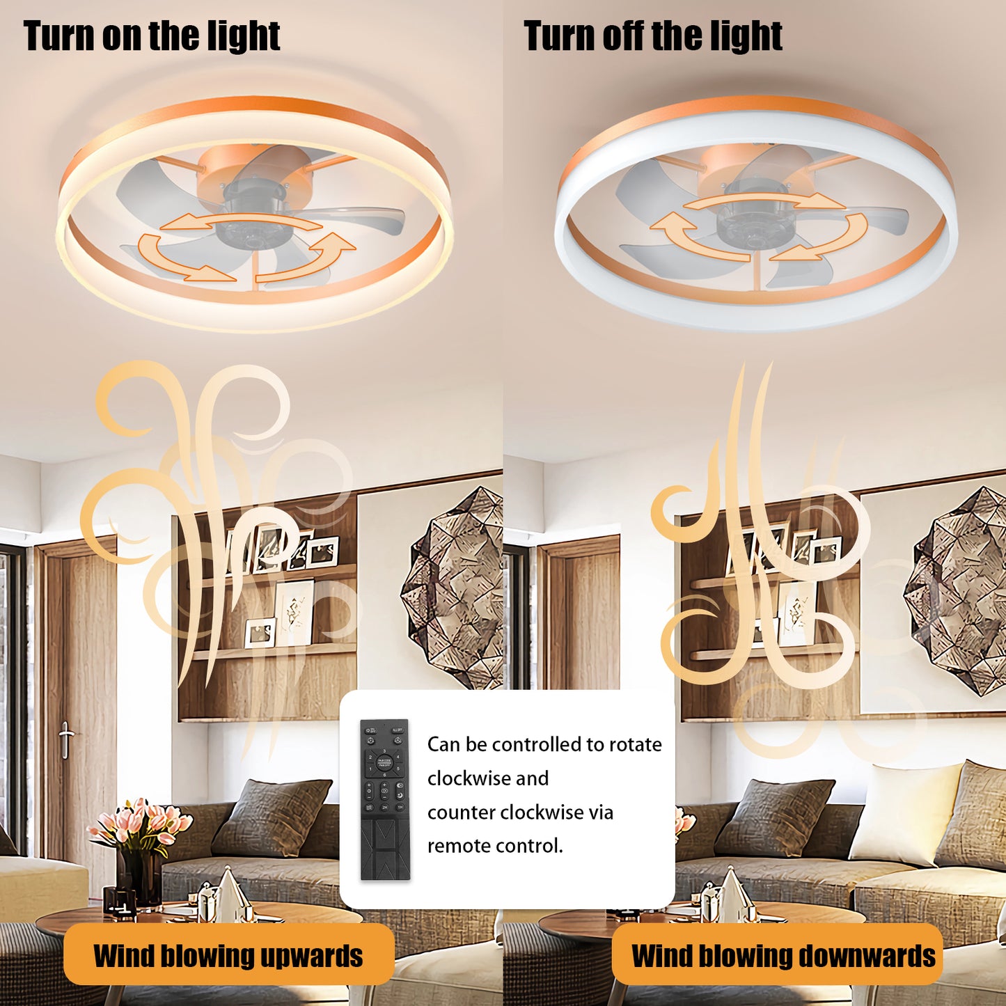 Dimmable LED Ceiling Fan with Lights - Thin Modern Design, Orange