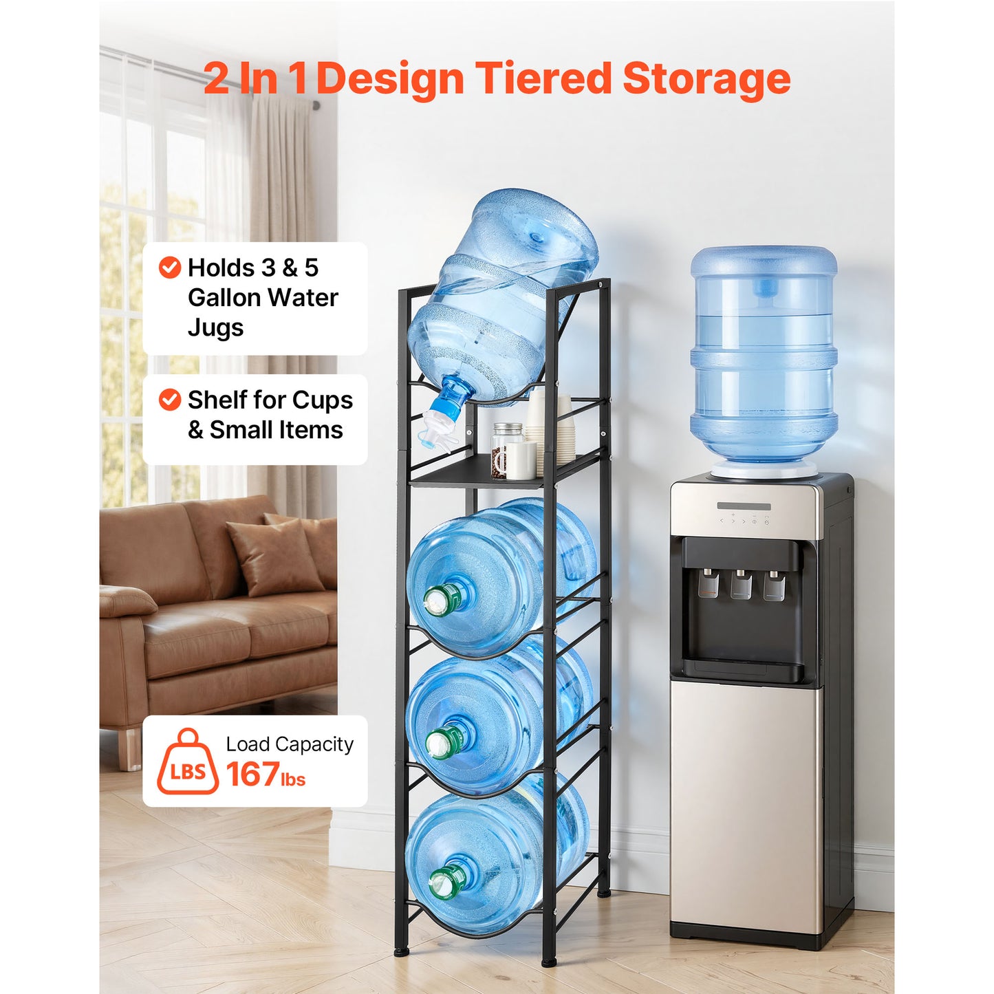 Heavy Duty Water Jug Holder 5 Tiers for 3-5 Gallon Bottles, Organizer with Shelf
