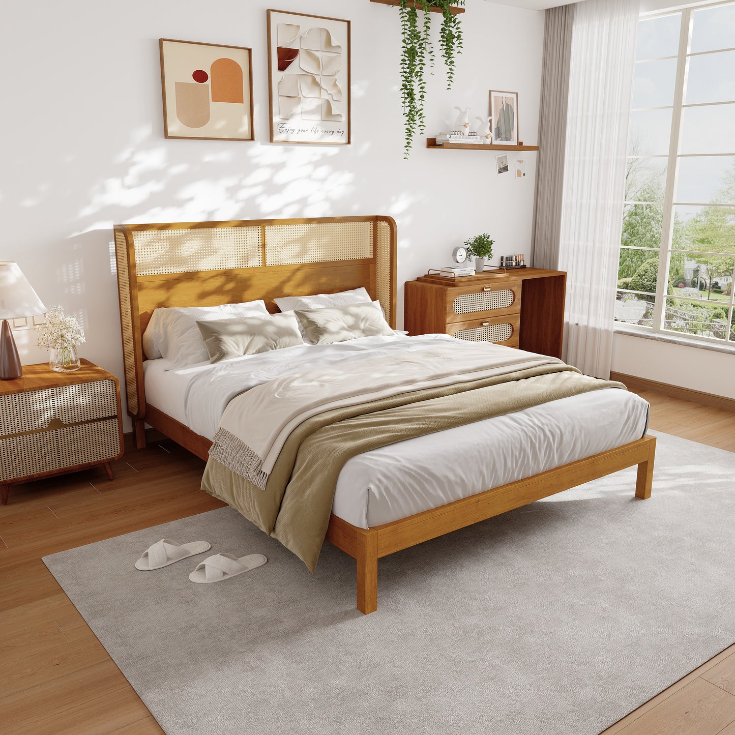 Queen Platform Bed Frame with Headboard - Mid Century Modern Natural Rubber Wood