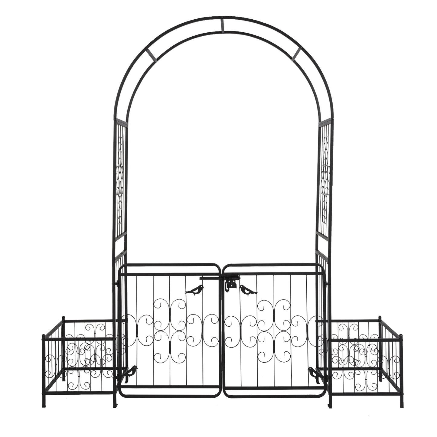 Garden Arbor Arch with Gate and Planter Box - Black Iron Support for Climbing Plants