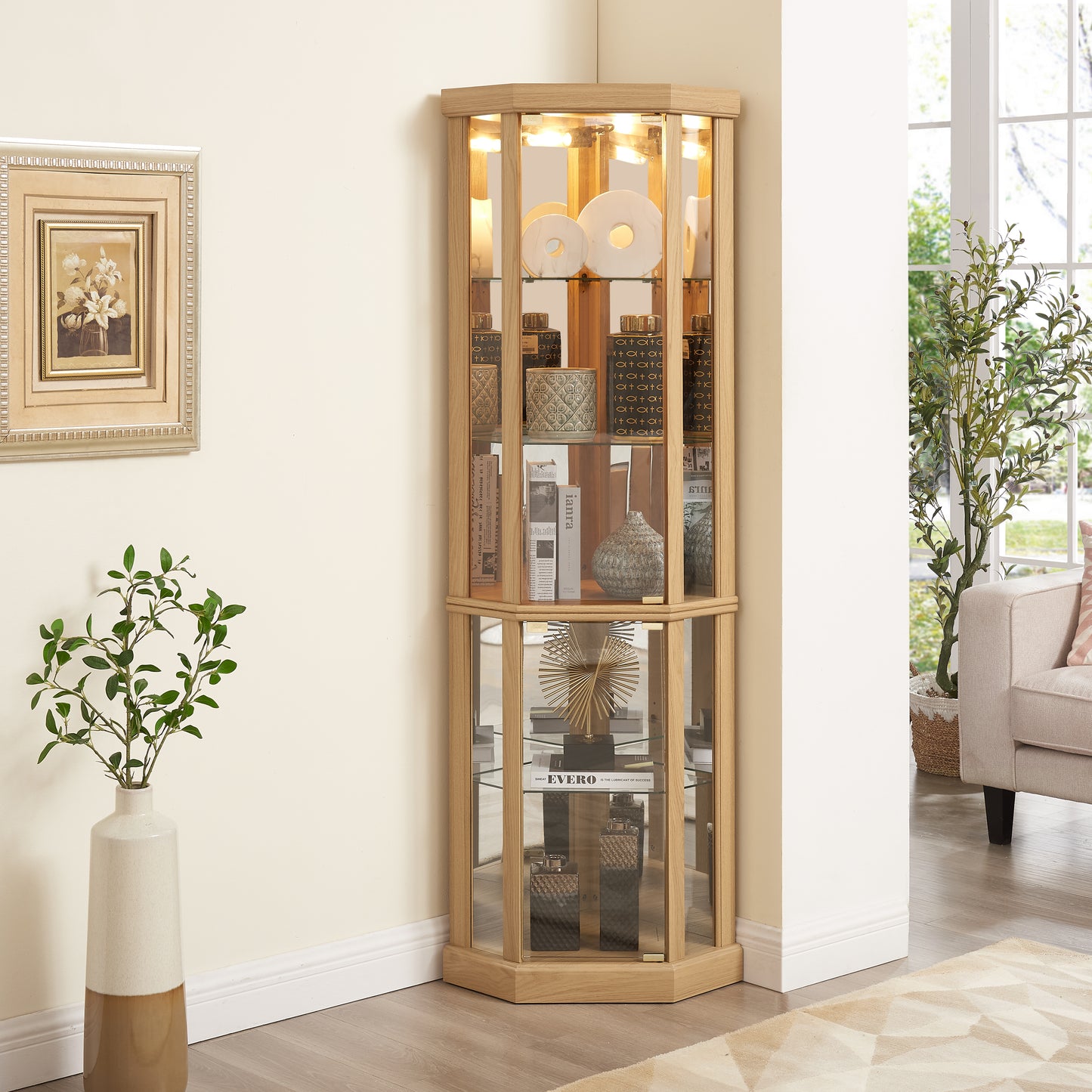 Corner Lighted Curio Cabinet Glass Display Case For Living Room,