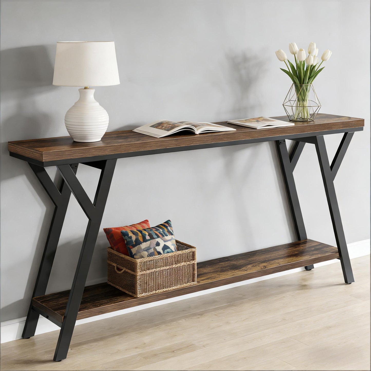 2-Tier Console Table - Black Rustic Brown Sofa Table