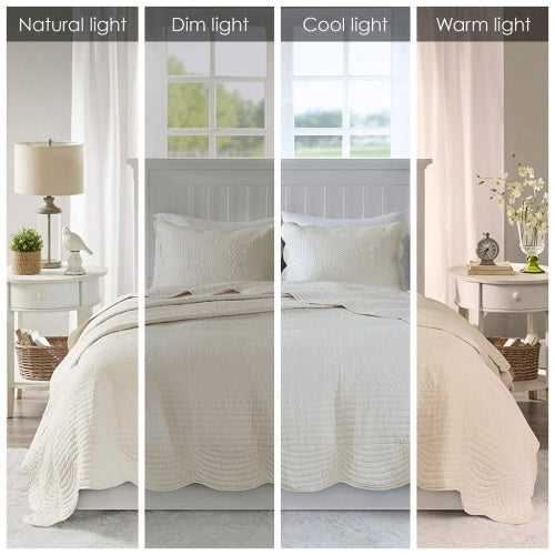 3 Piece Reversible Scalloped Edge Quilt Set - Cream, King/Cal King