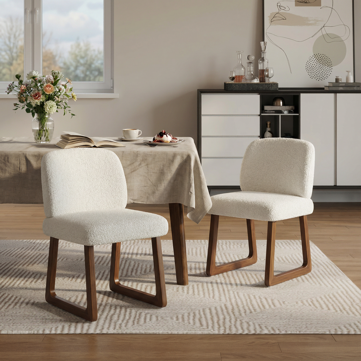 Plush Fabric Dining Chair Set of 2 with Curved Wooden Legs - Beige