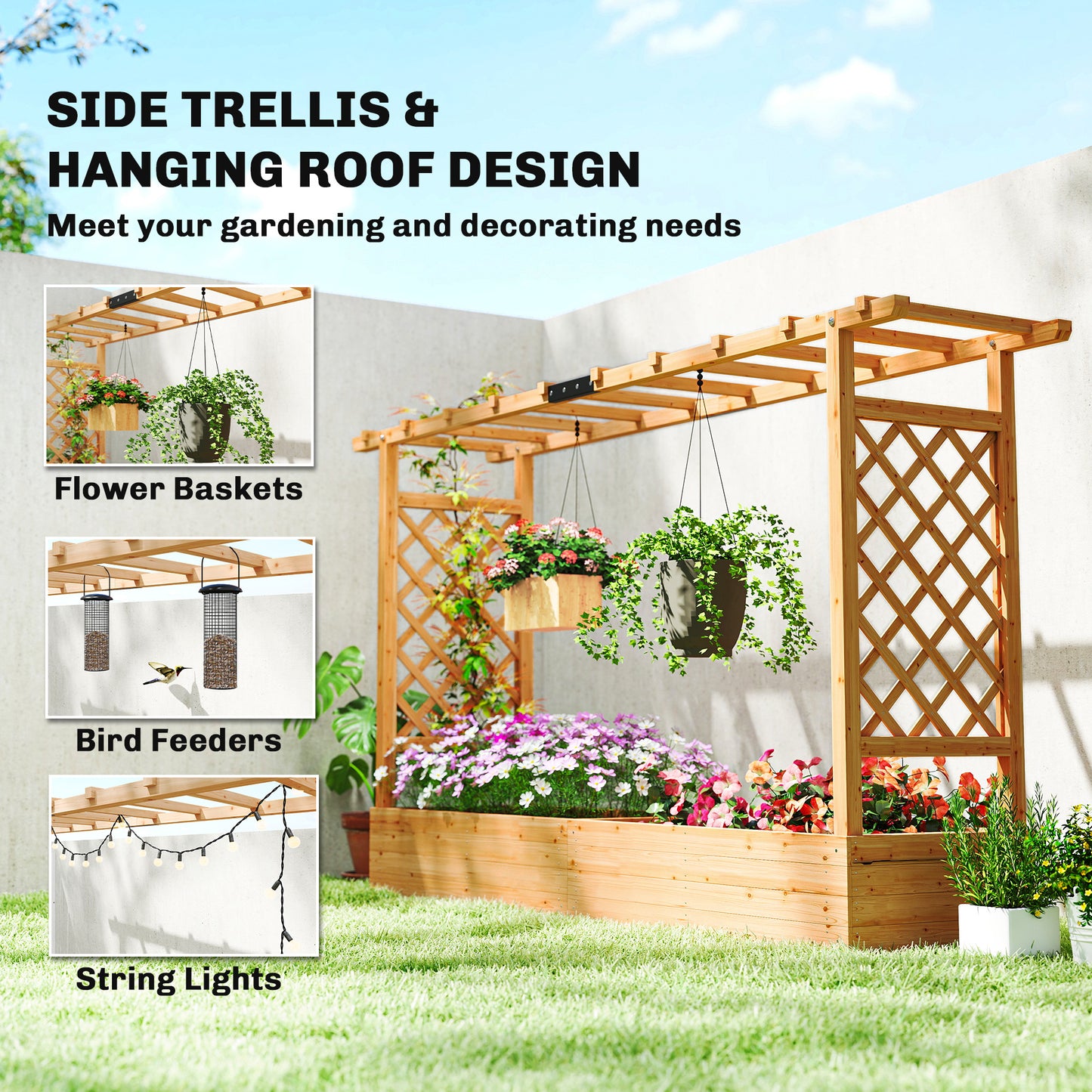 Wooden Planter Box with Trellis and Drainage Holes for Climbing Plants