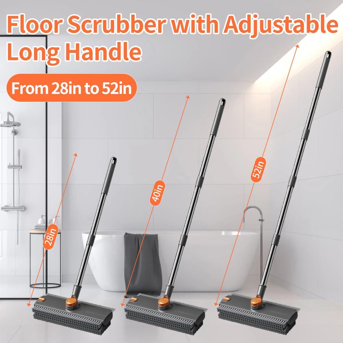 Heavy Duty Floor Scrub Brush with Long Adjustable Handle and Stiff Bristles - Grey & Black