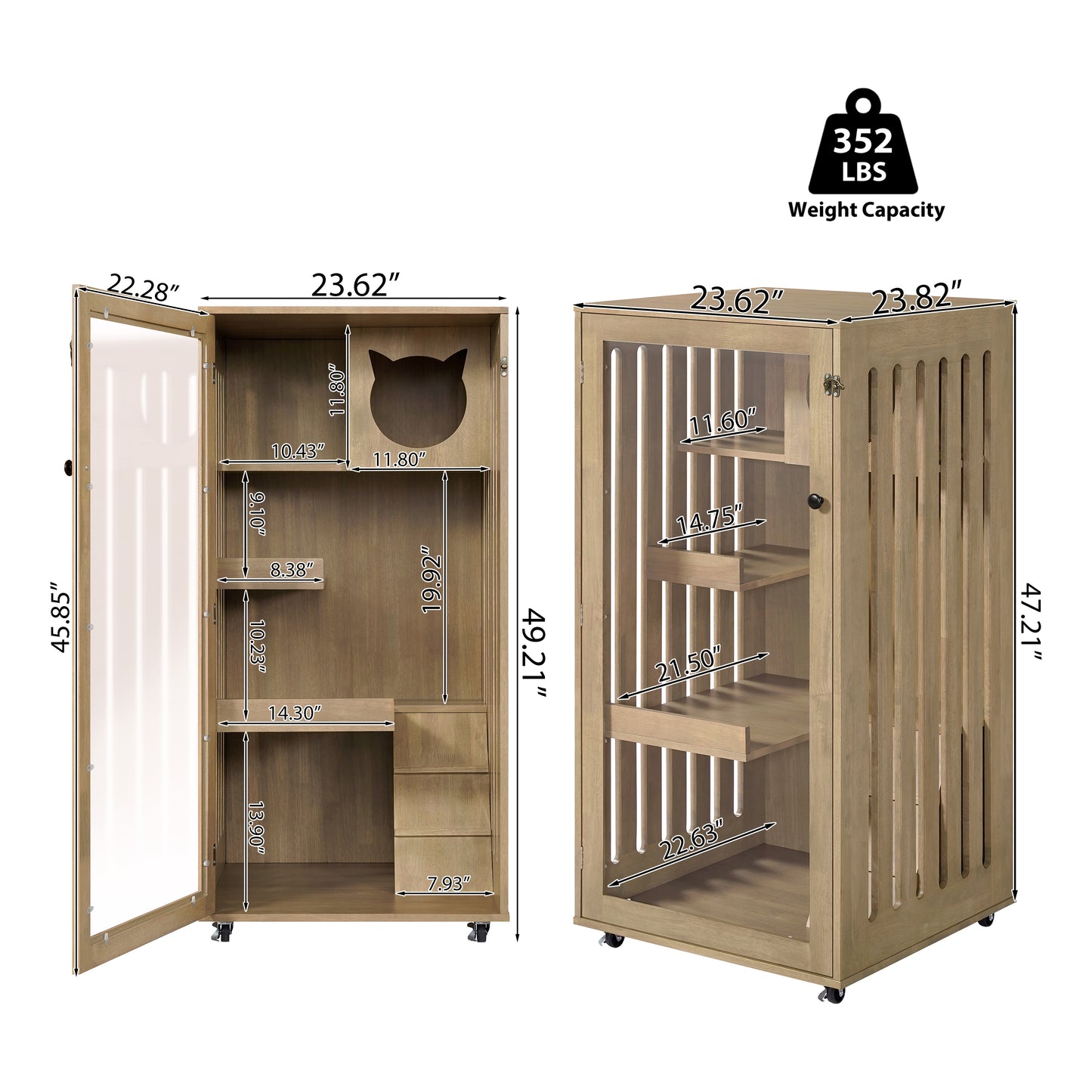 Rubber Wood Cat Enclosure with Multi-Level Shelves & Lockable Wheels - Natural Finish