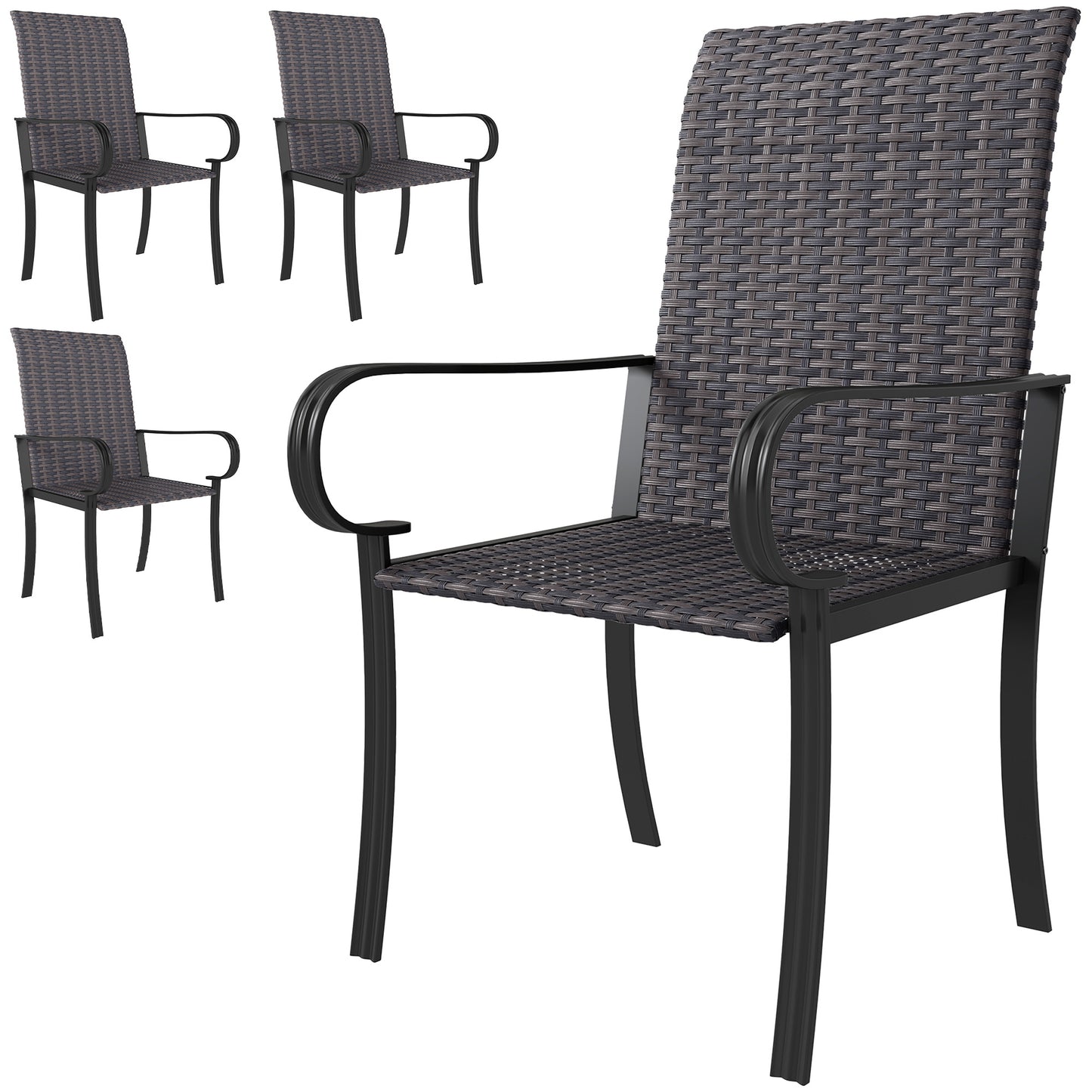 Set of 4 Brown Outdoor Wicker Dining Chairs with Armrests