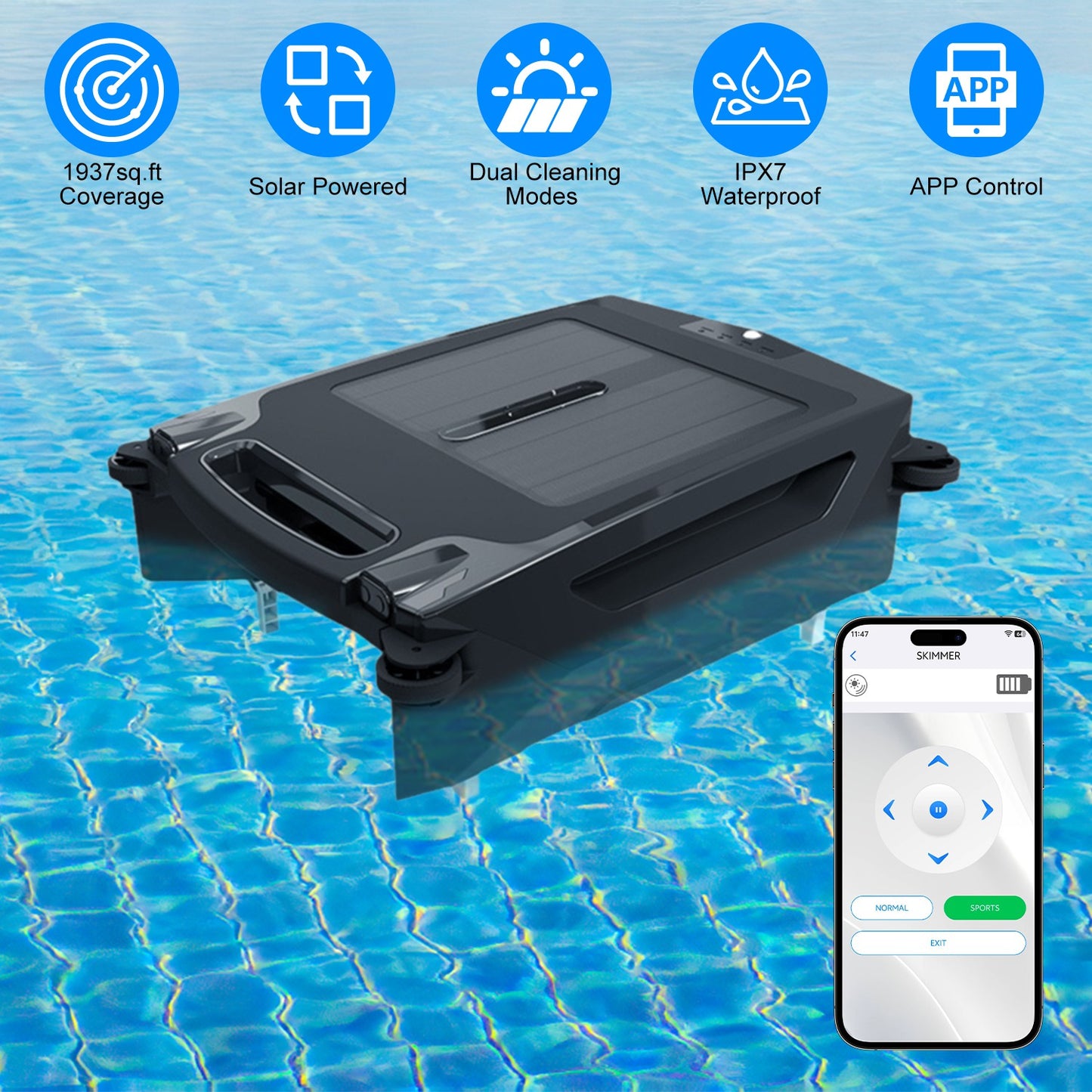 Solar Powered Robotic Pool Skimmer with APP Control, Dual Cleaning Modes, 1937sq.ft Coverage