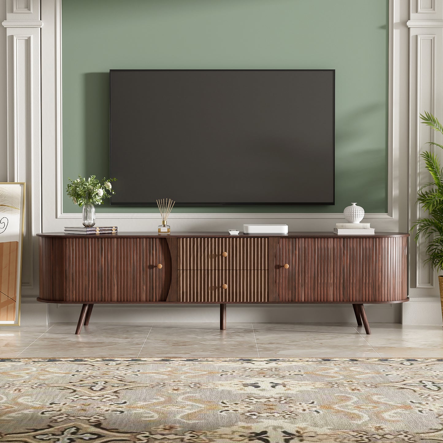 70 Inch Mid Century Modern TV Stand, Stand For 80 TV, With Tambour
