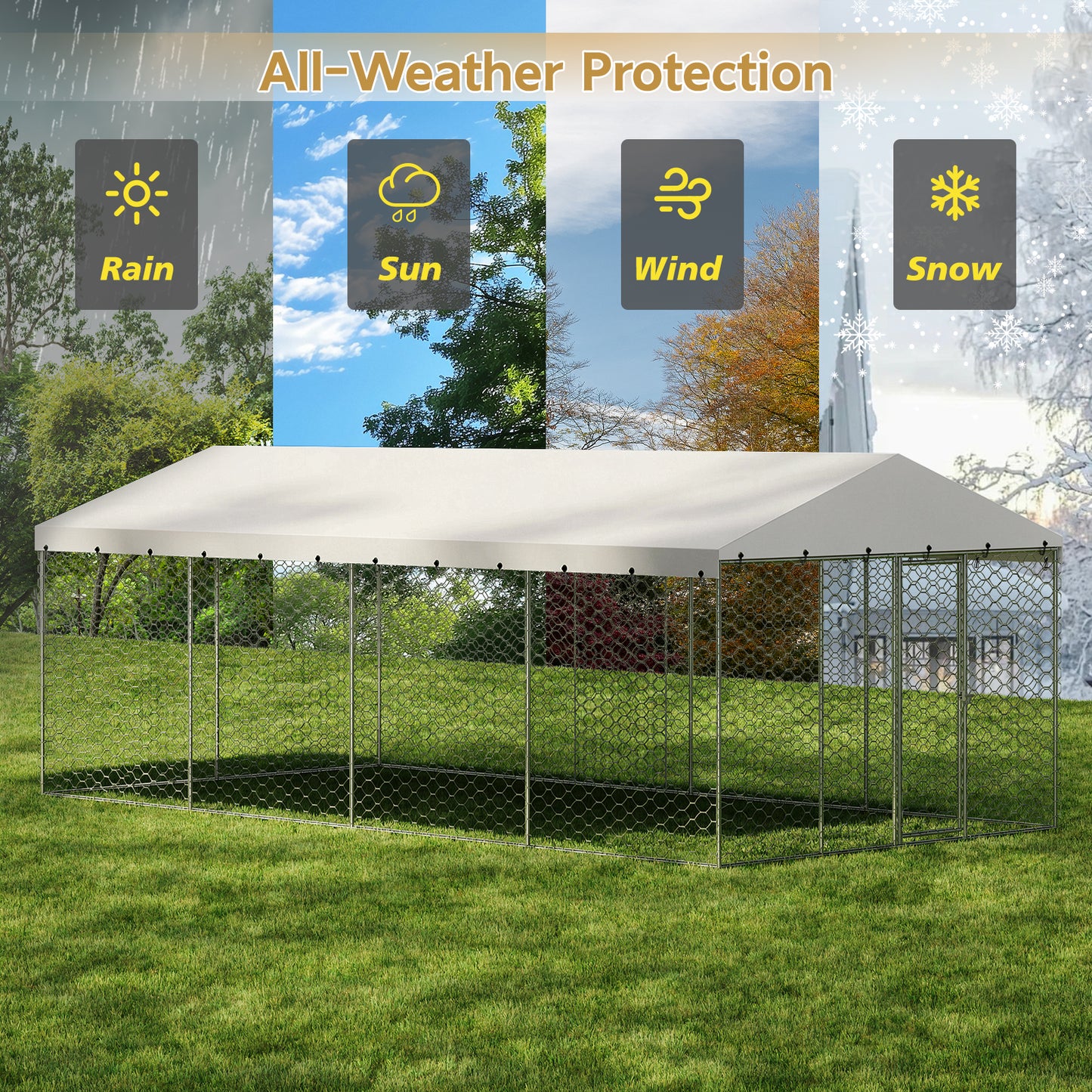 Large Outdoor Dog Kennel with Canopy - Heavy Duty Galvanized Steel Frame, Waterproof Cover, All-Weather Escape-Proof Pet Pen for Large Dogs