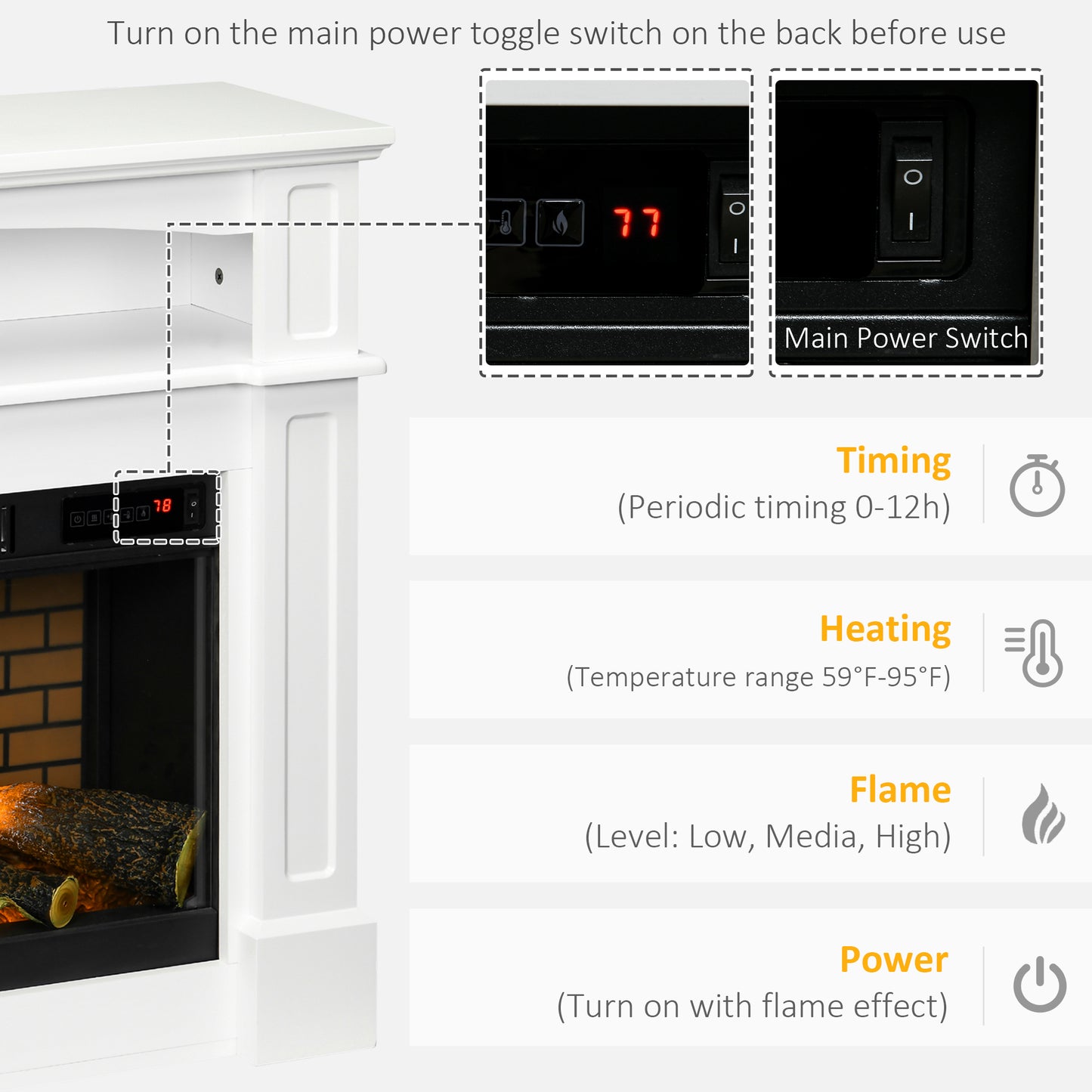 32-Inch Freestanding Electric Fireplace with LED Flame & Remote, White